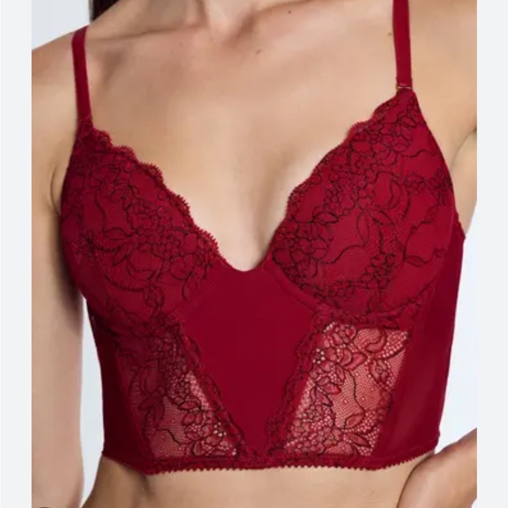 New Pepper Lace Lift Up Corset Scarlet Two Tone Size 32B Red Boning NWT Romantic
